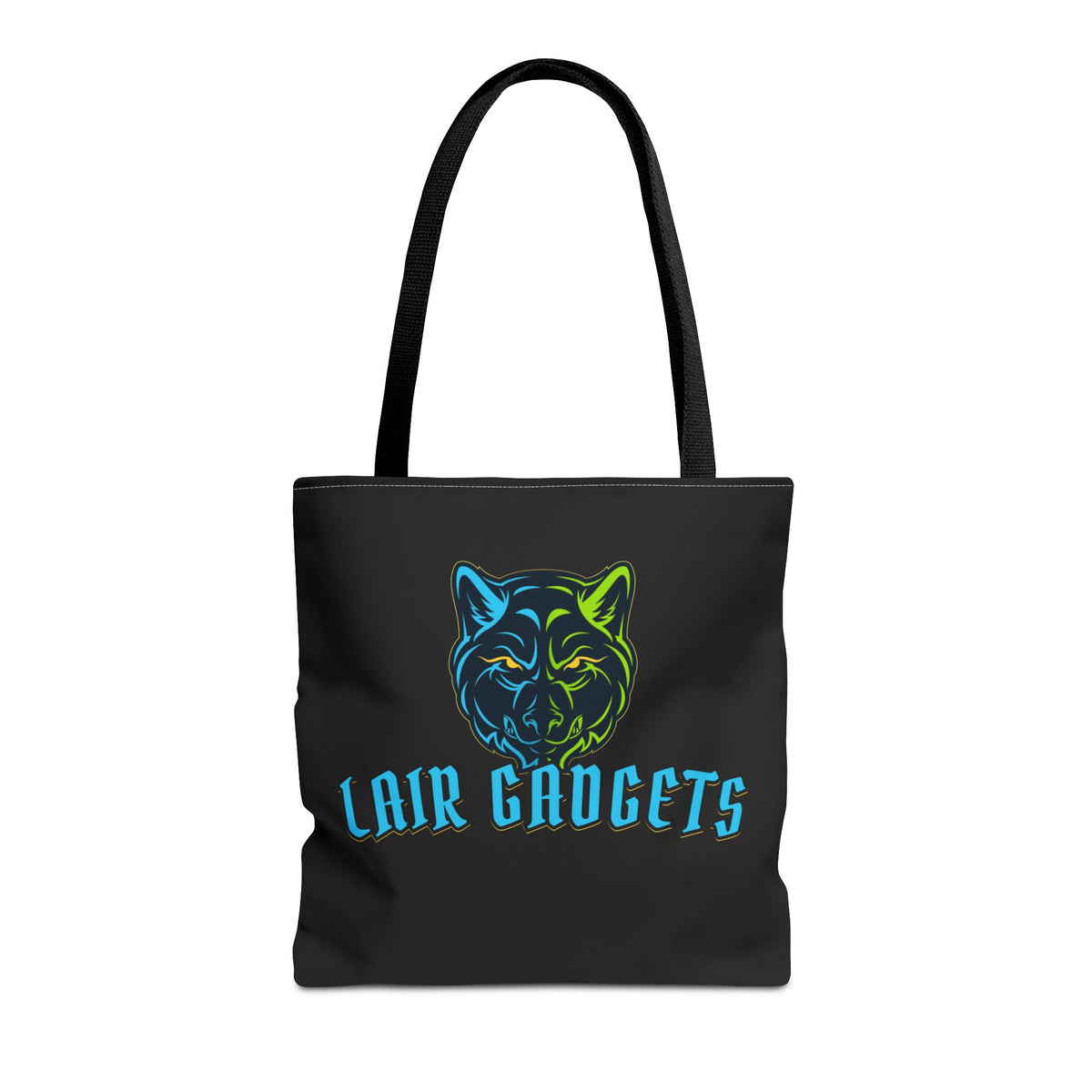 Black Lair Gadgets tote bag with blue and green wolf head logo, 16x16 inches
