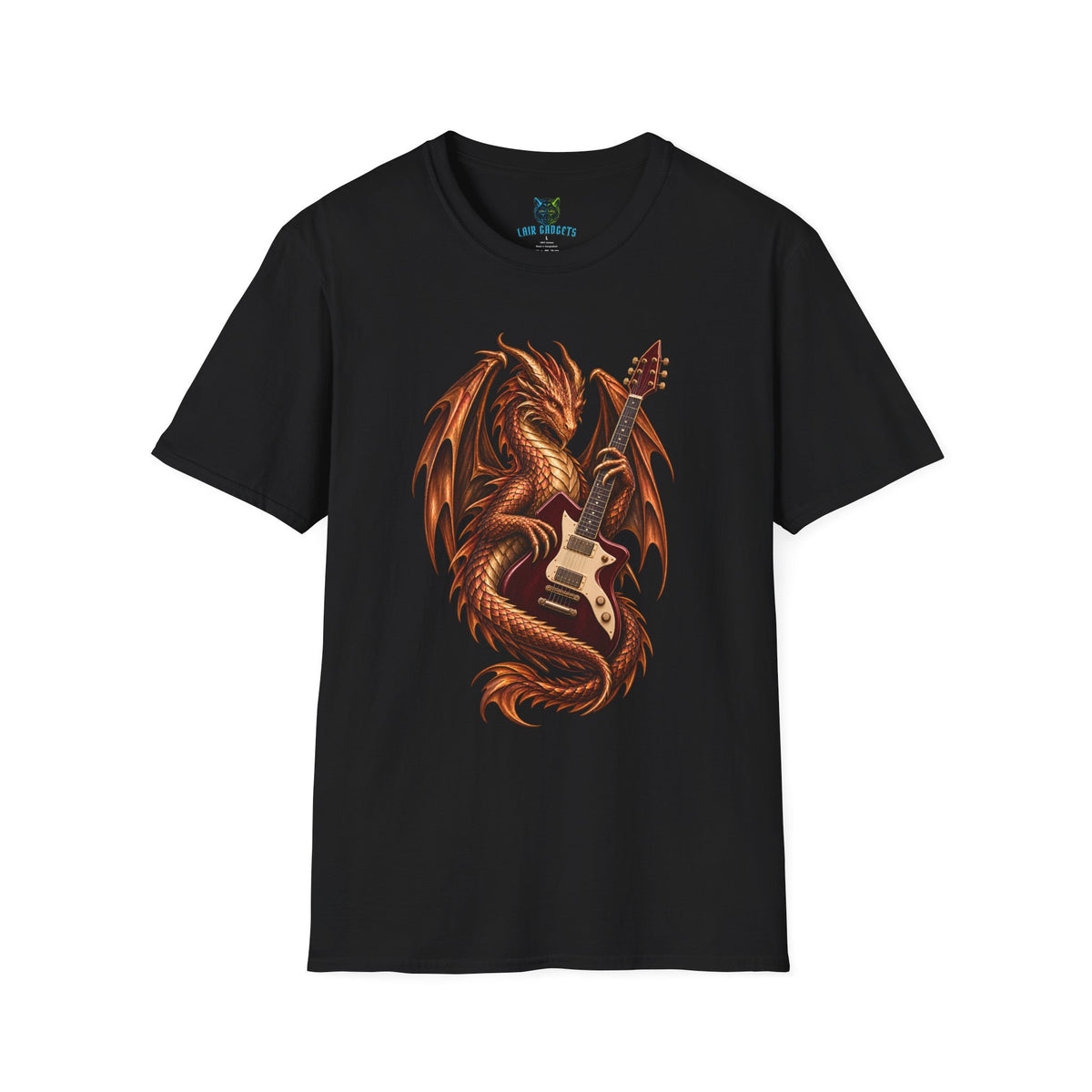 Black t-shirt with dragon wrapped around an electric guitar graphic