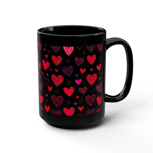 15oz Black Mug — Red & Pink Heart Pattern - score 82