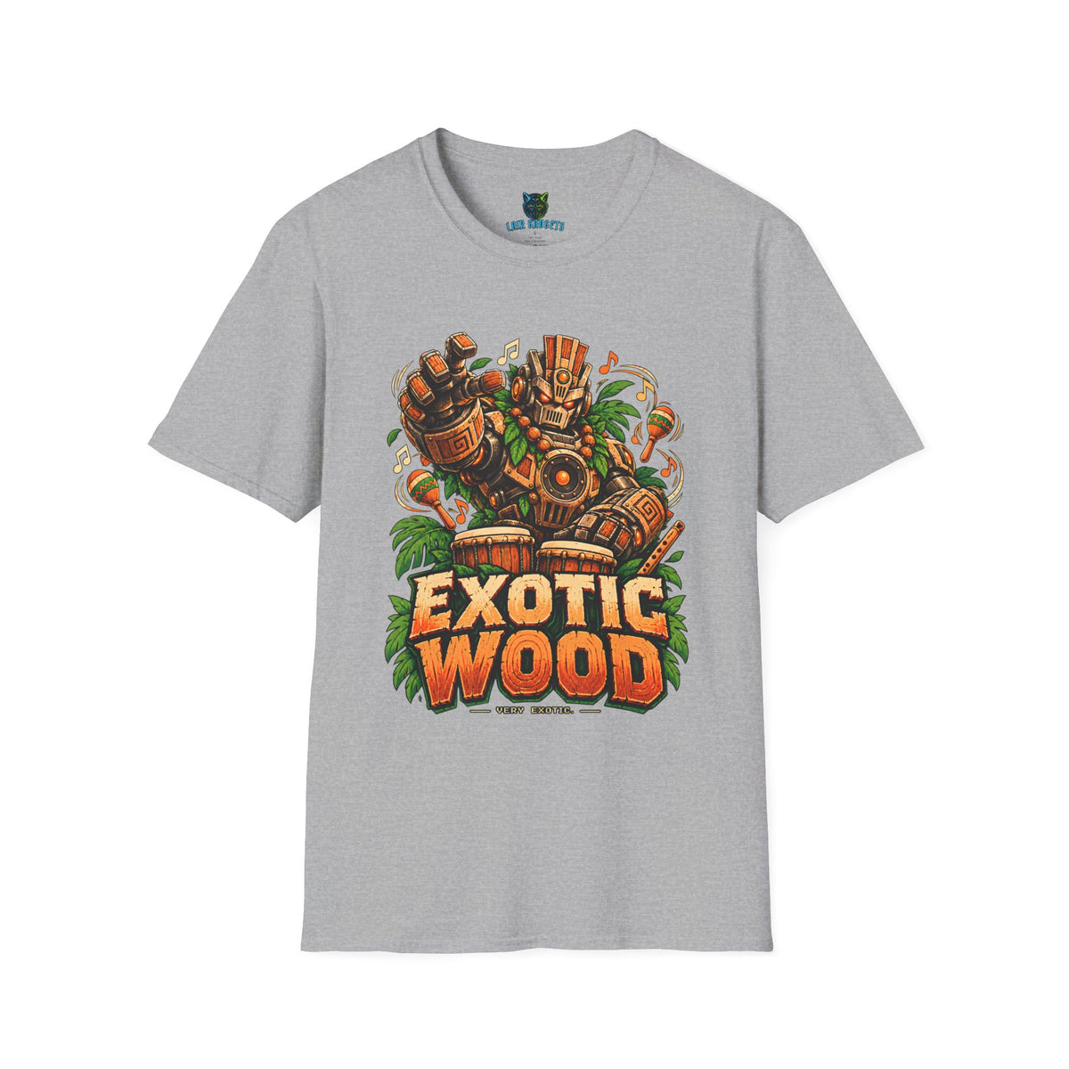 Sport grey retro gaming t-shirt with tiki robot playing bongo drums and Exotic Wood graphic