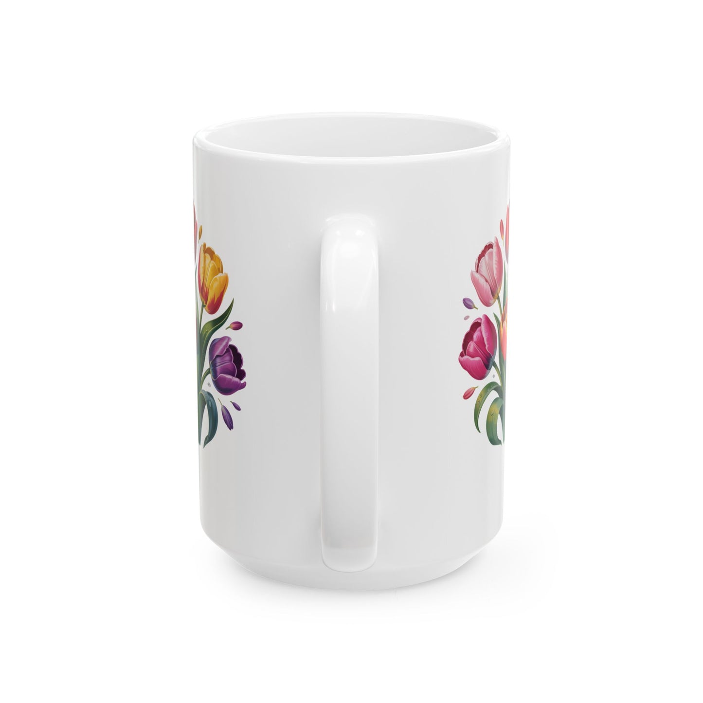Floral Coffee Mug with Tulip Bouquet Design, Colorful Flower Artwork, 15 oz White Ceramic Mug for Home or Office Use — by Lair Gadgets