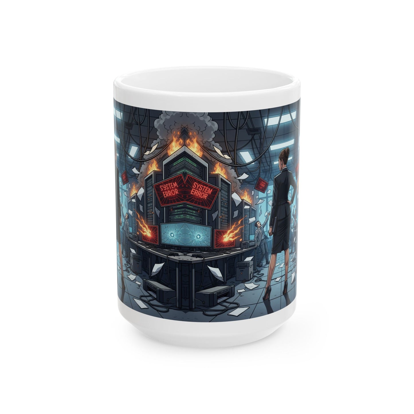 Calm Under Pressure Ceramic Mug — Female Executive in Control Room (15oz)