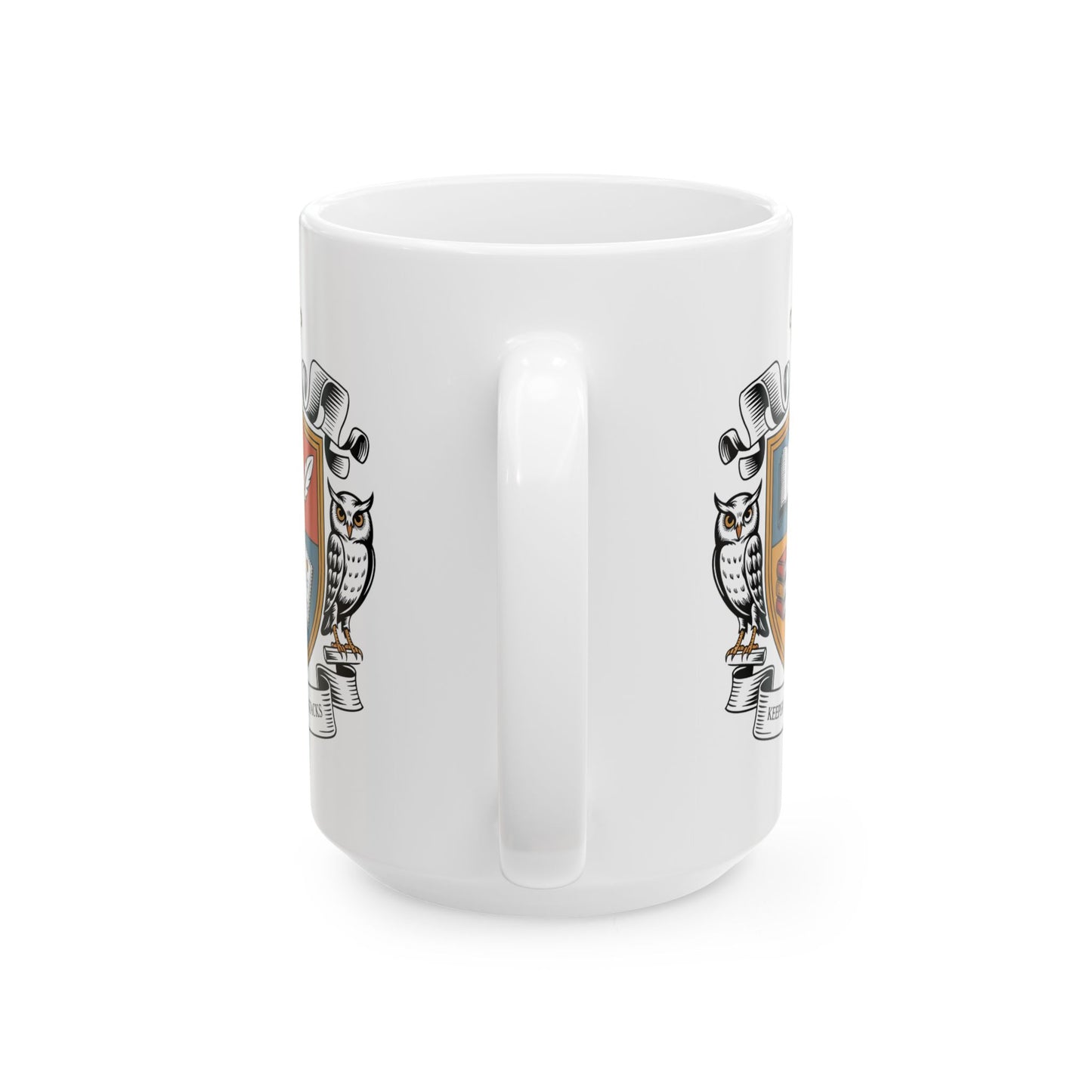 Keeper of the Stacks Librarian Crest Mug 15oz – Ceramic Coffee Mug for Librarians, Book Lovers, and Readers – Scholarly Owl Shield Design by Lair Gadgets