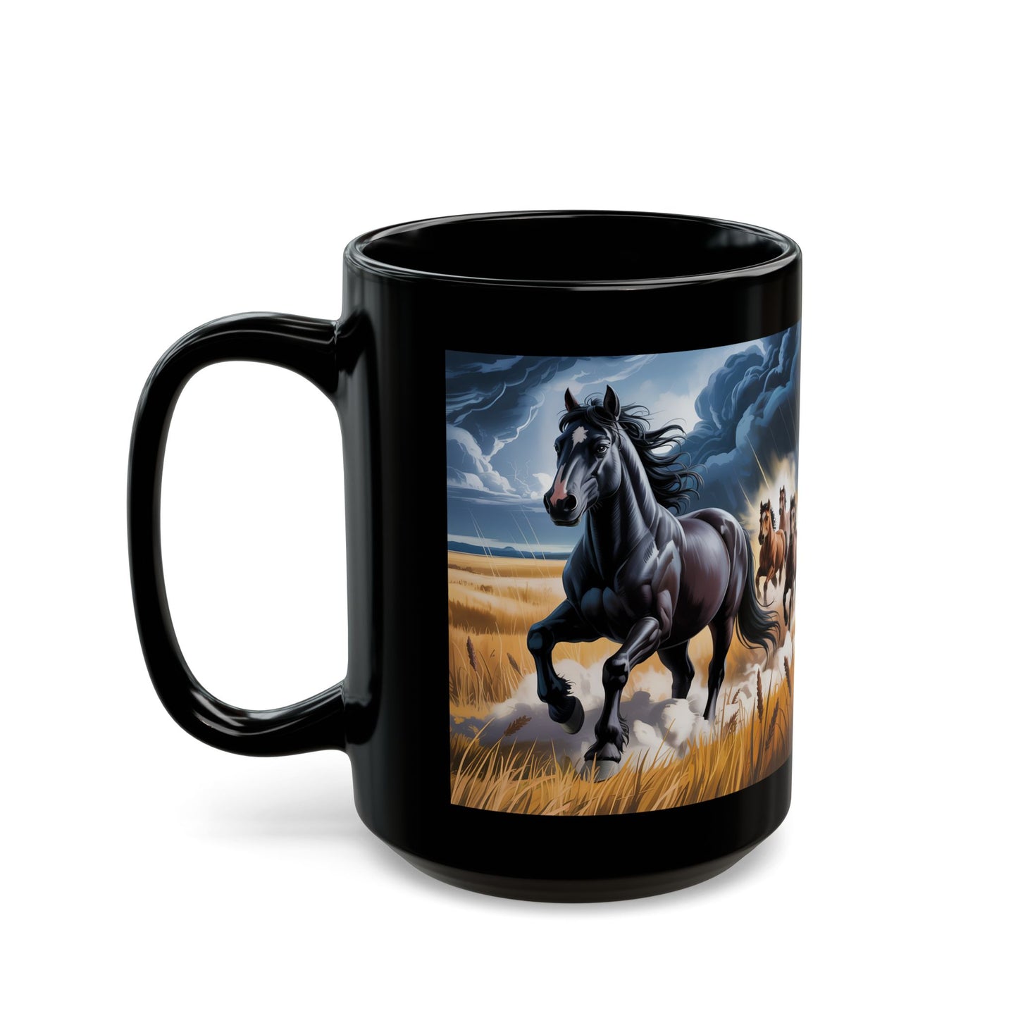 Horse Coffee Mug Running Stallion Herd Black Ceramic 15oz Gift for Horse Lovers by Lair Gadgets