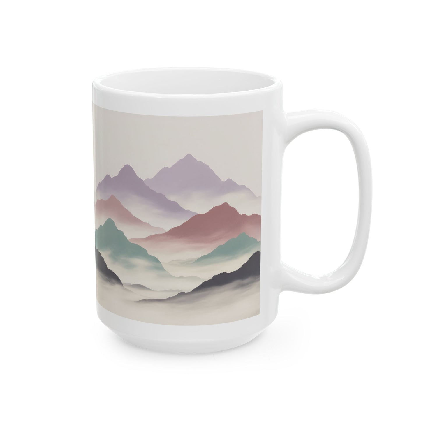 Calming Mountain Landscape Coffee Mug, Minimalist Nature Design, 15 oz White Ceramic Mug for Relaxing Mornings and Quiet Moments — by Lair Gadgets