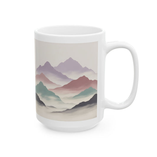 Calming Mountain Landscape Coffee Mug, Minimalist Nature Design, 15 oz White Ceramic Mug for Relaxing Mornings and Quiet Moments — by Lair Gadgets