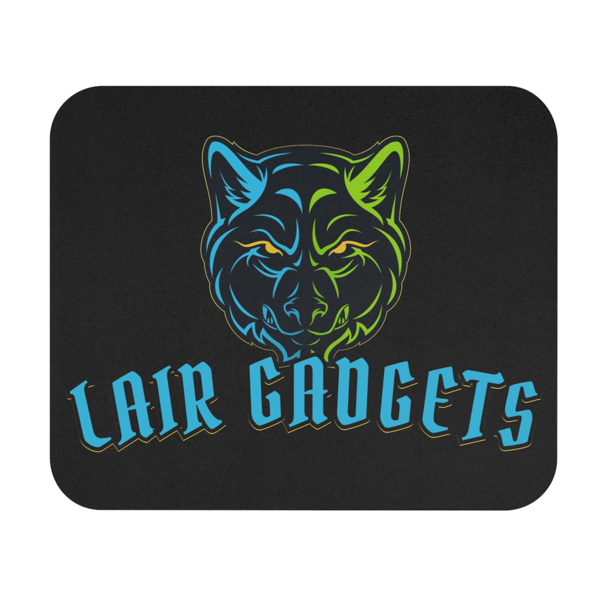 Black Lair Gadgets mouse pad with blue and green wolf head logo, 9x8 inches