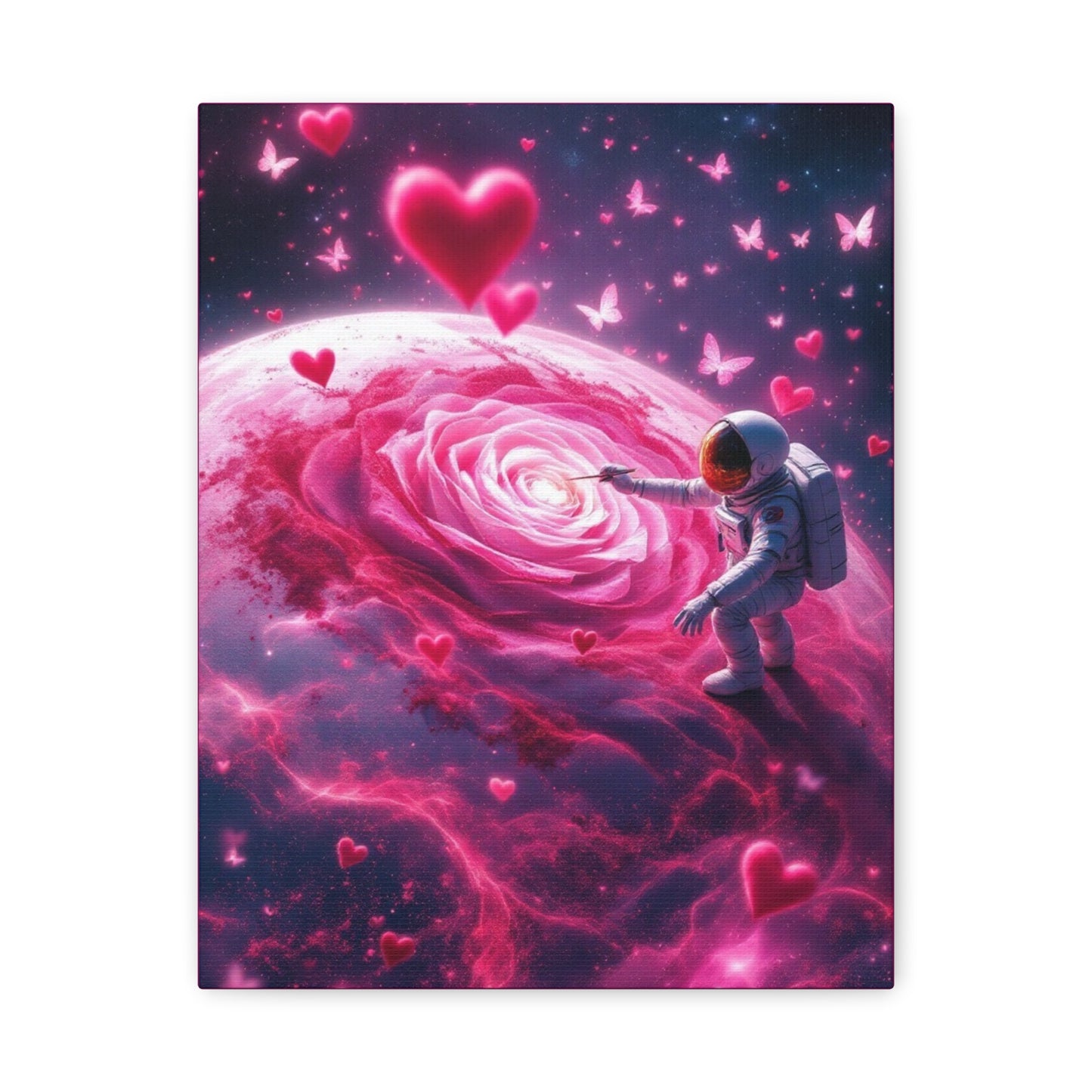 Cosmic Love Matte Canvas, Vibrant Astronaut with Rose Art for Romantic Home Decor, Perfect Valentine’s Day Gift