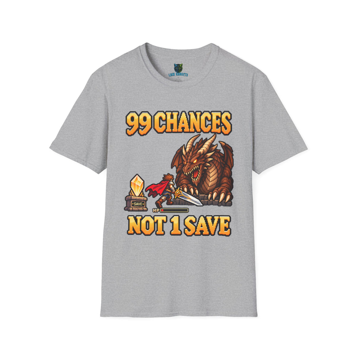 Sport grey t-shirt with 99 Chances Not 1 Save retro pixel art dragon graphic