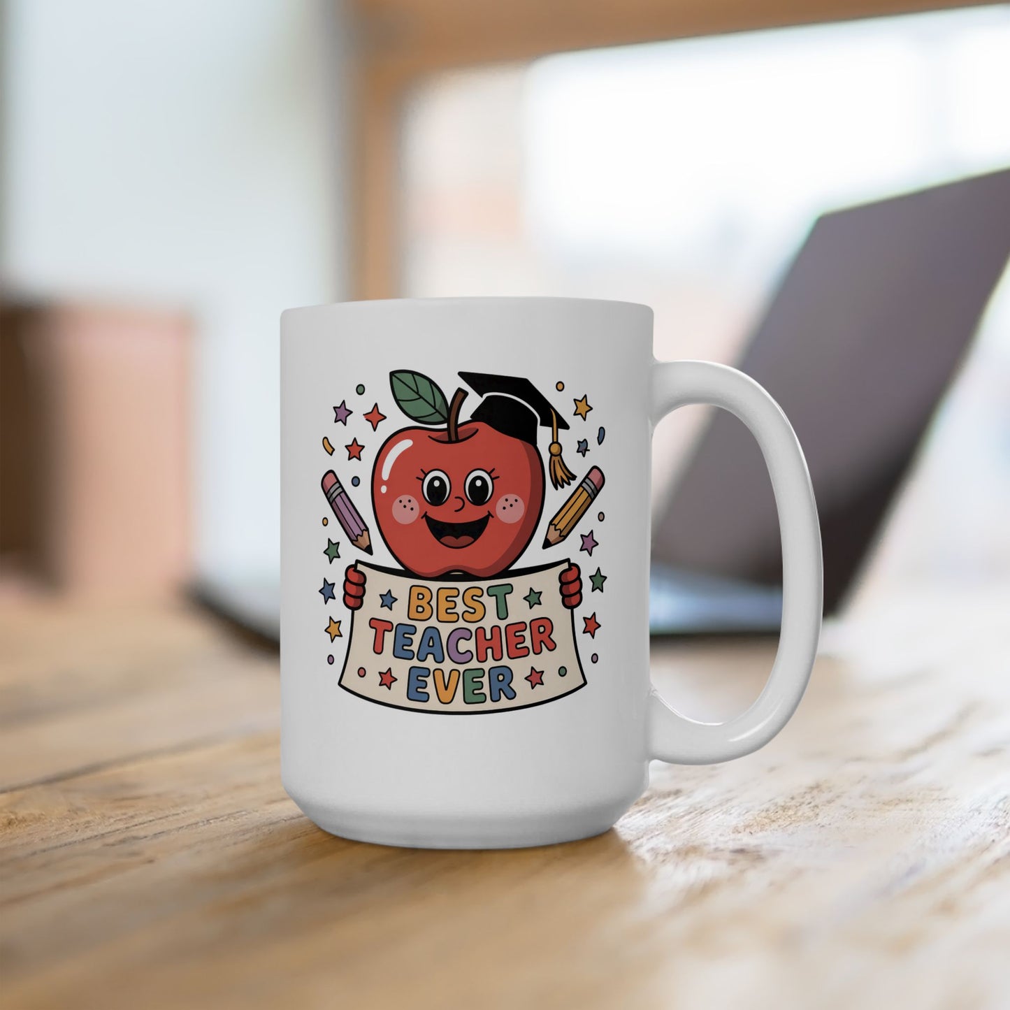 Best Teacher Ever Apple Character Coffee Mug 15 oz – Teacher Appreciation Gift Mug by Lair Gadgets