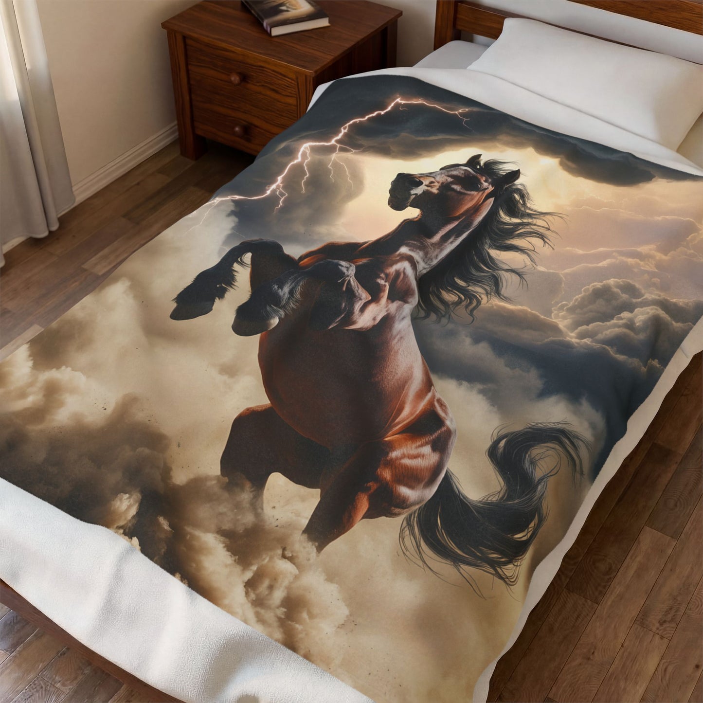 Velveteen Plush Blanket – Untamed Storm Horse –Soft Fleece Throw – Bold Western Lightning Horse Design – Cozy Couch Bed Blanket – by Lair Gadgets