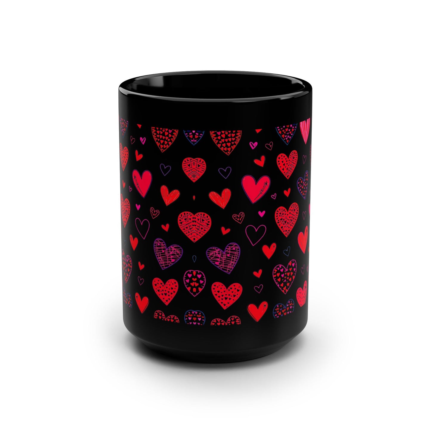 15oz Black Mug — Red & Pink Heart Pattern - score 82
