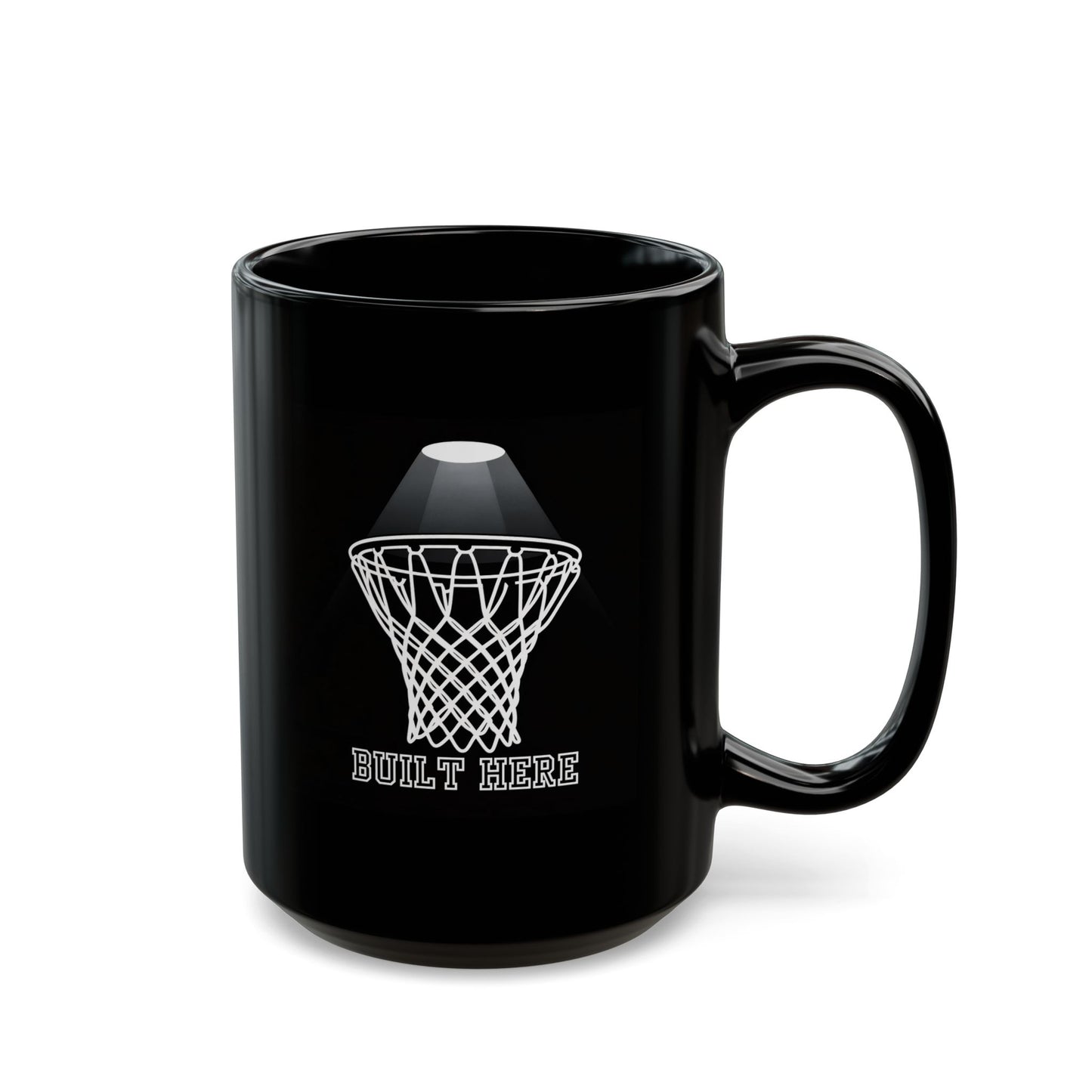 Basketball Hoop Black Mug — 'Built Here' Court Pride Coffee Cup (15oz)
