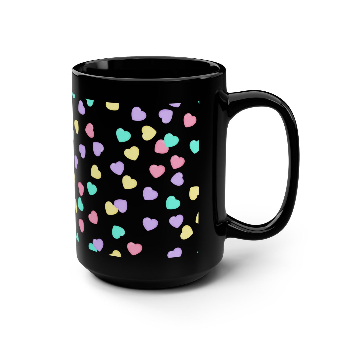 15oz Black Mug — Pastel Heart Pattern Coffee Cup -Score 81
