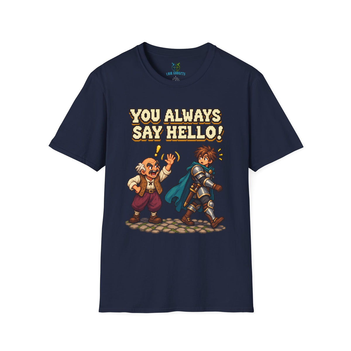 Navy t-shirt with You Always Say Hello retro pixel art NPC graphic