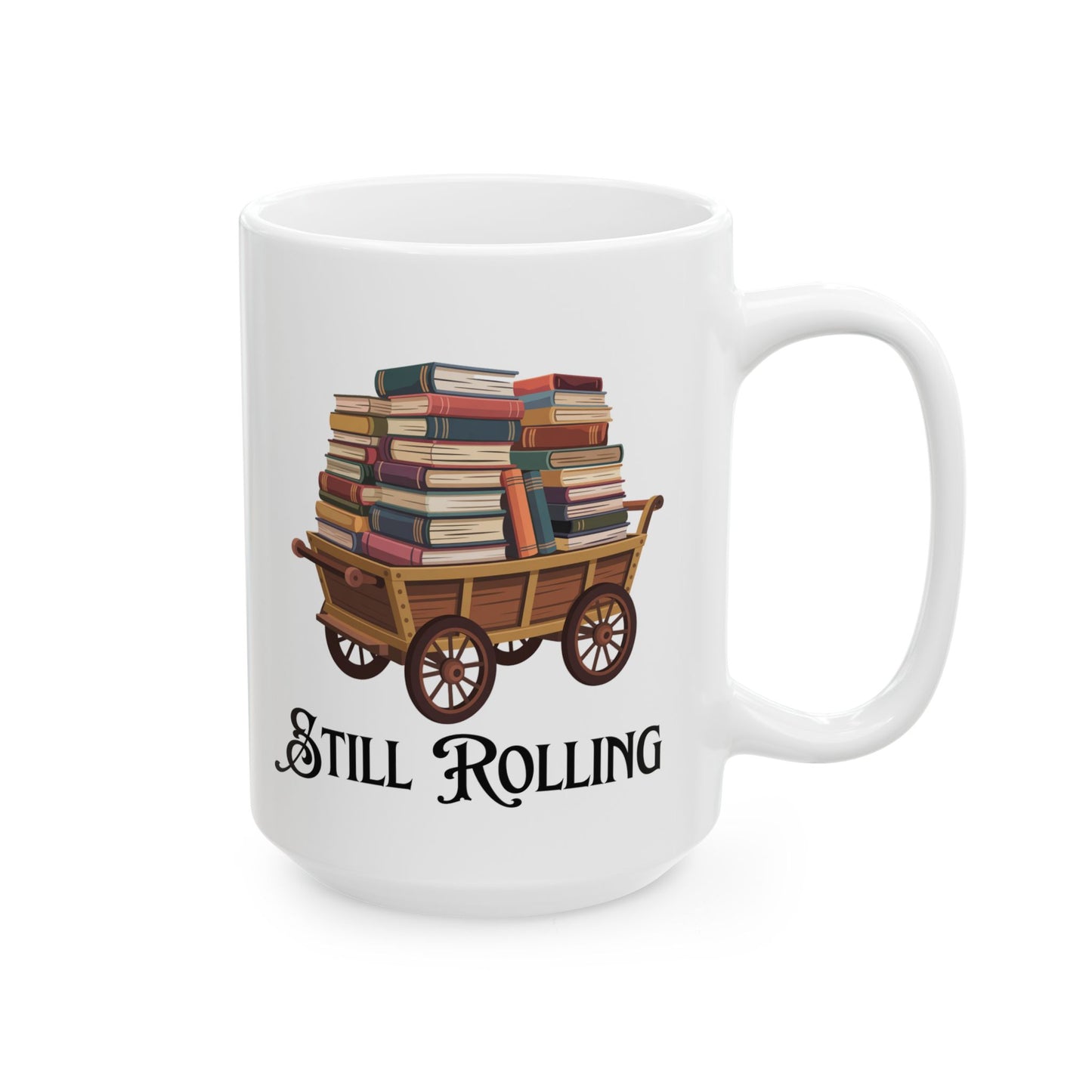 Still Rolling Book Lover Mug – Vintage Book Cart Design for Librarians & Readers, 15oz Ceramic Coffee Mug, by Lair Gadgets