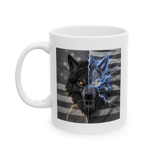 Alpha Duty Police Mug – Storm Response Series – 11oz Black Ceramic Mug with Double-Sided Wolf Badge and Lightning Design – Lair Gadgets Law Enforcement Gift