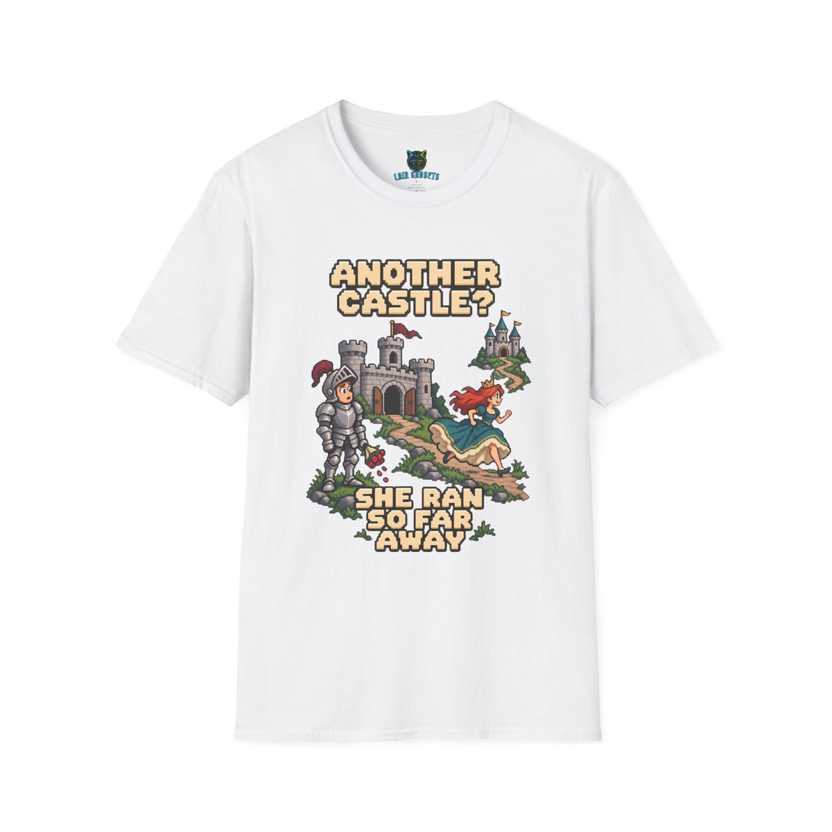 White t-shirt with Another Castle She Ran So Far Away pixel art knight graphic