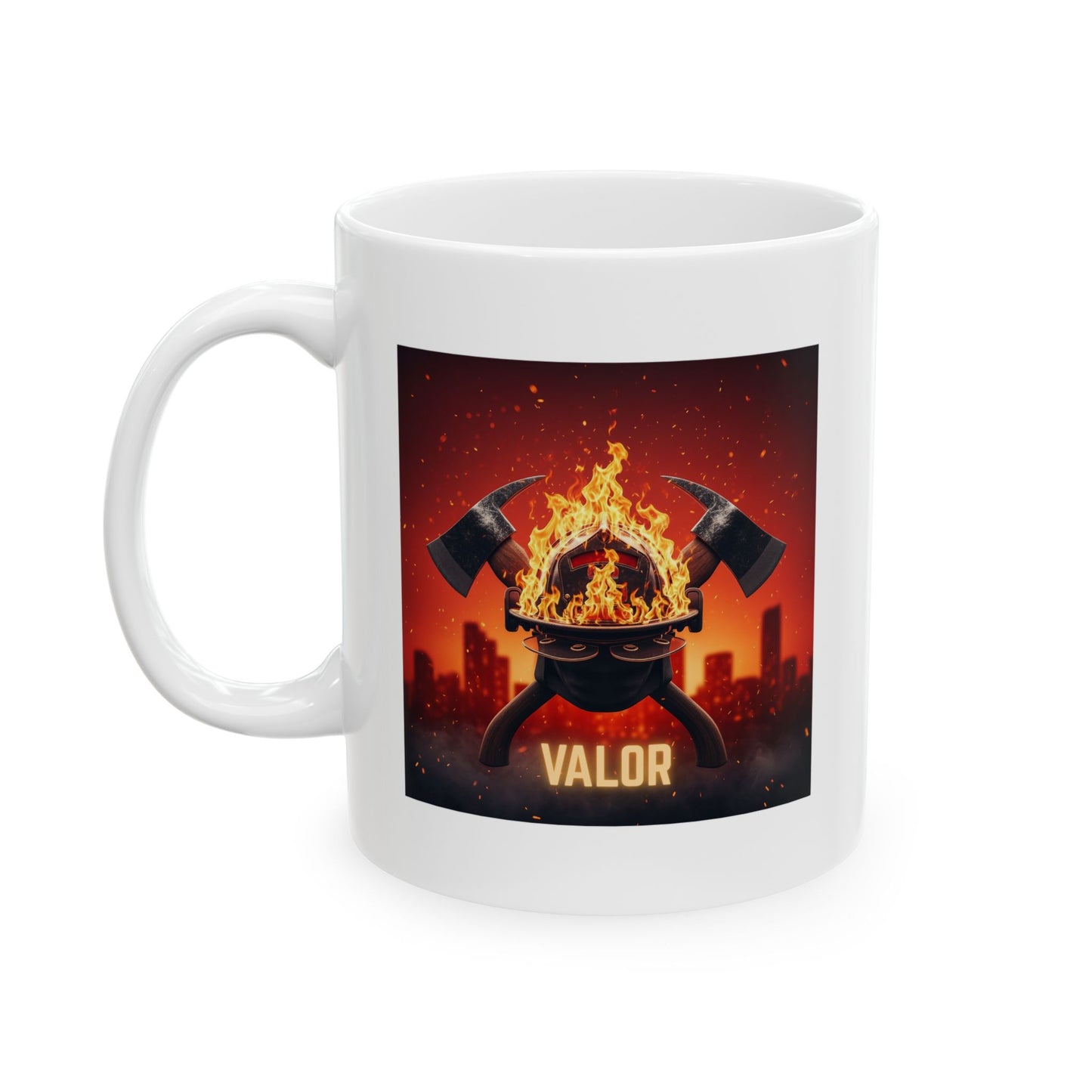 Firefighter Valor Mug, Fiery Helmet, Ax Illustration, Cityscape, Firefighter Gift, Heroic, Inspirational, Coffee Mug, Tea Cup