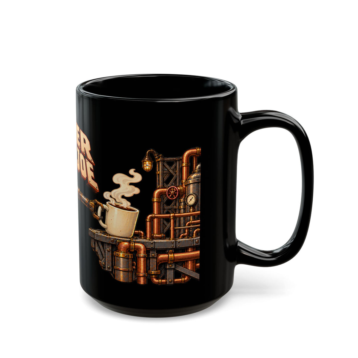 Super Cup of Joe mug side view showing copper pipes, steel platform, and glowing lamp artwork