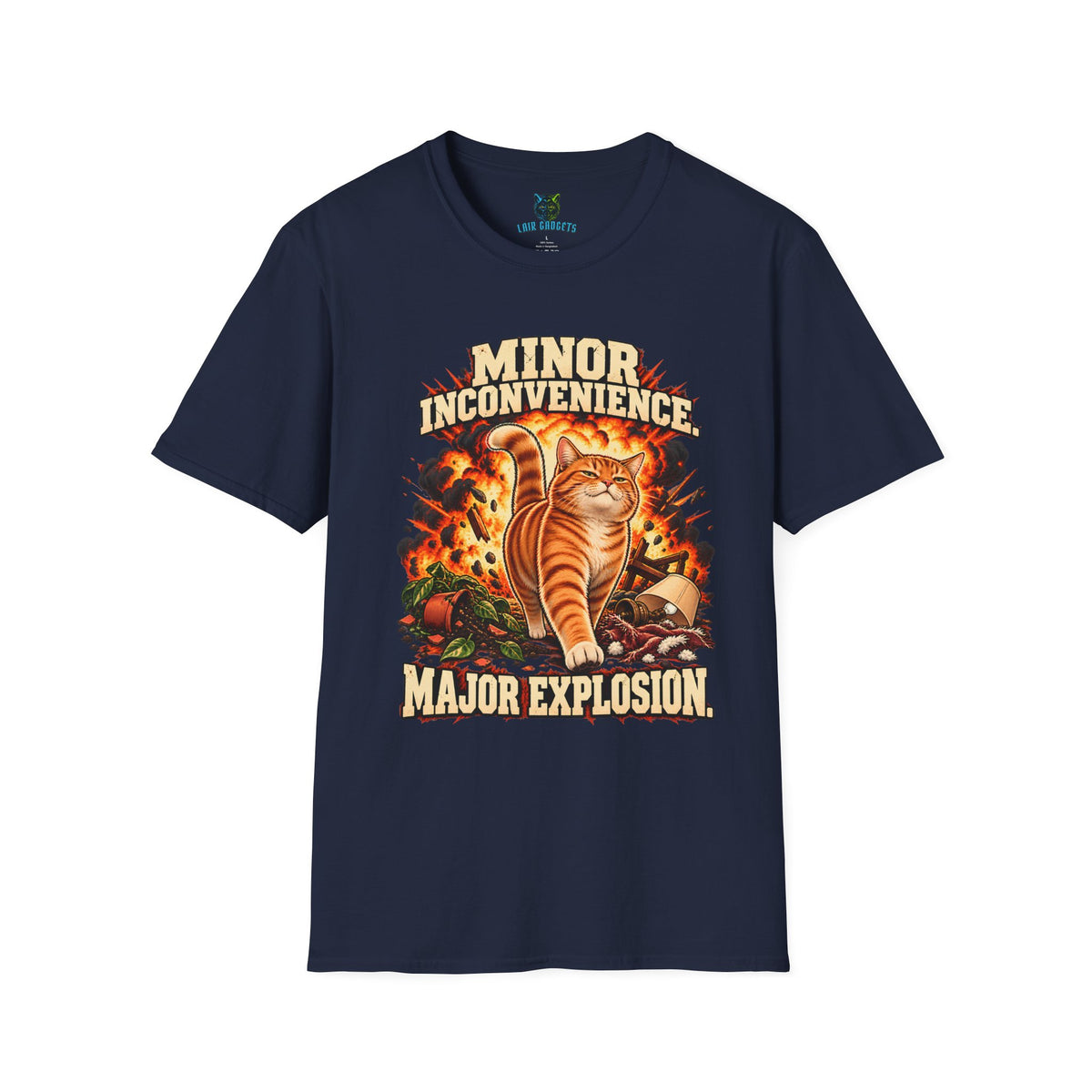 Navy t-shirt with Minor Inconvenience orange cat graphic