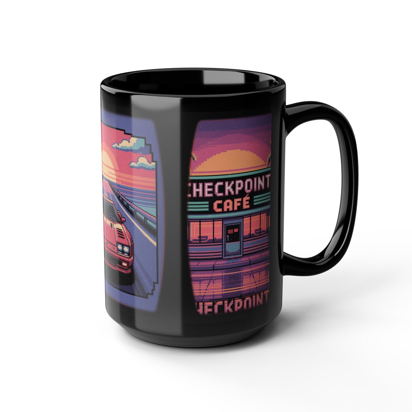 Retro Sunset Car Mug, 80s Aesthetic Coffee Cup, Vintage Car Lover Gift, Road Trip Funware, Perfect for Gamers and Nostalgia Seekers