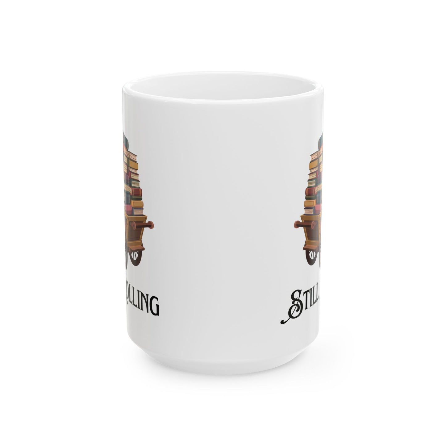 Still Rolling Book Lover Mug – Vintage Book Cart Design for Librarians & Readers, 15oz Ceramic Coffee Mug, by Lair Gadgets
