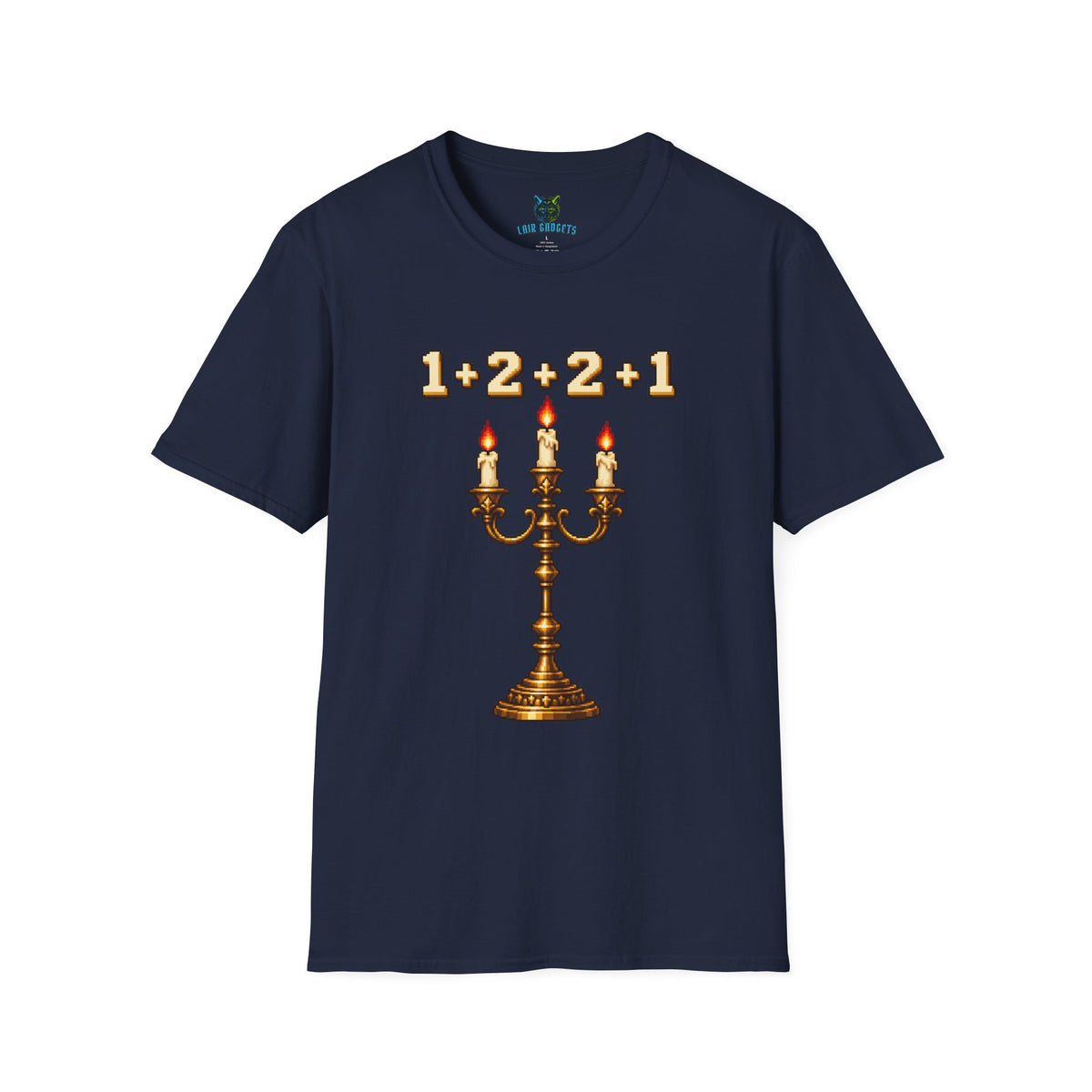 Navy t-shirt with 1+2+2+1 pixel art candelabra graphic