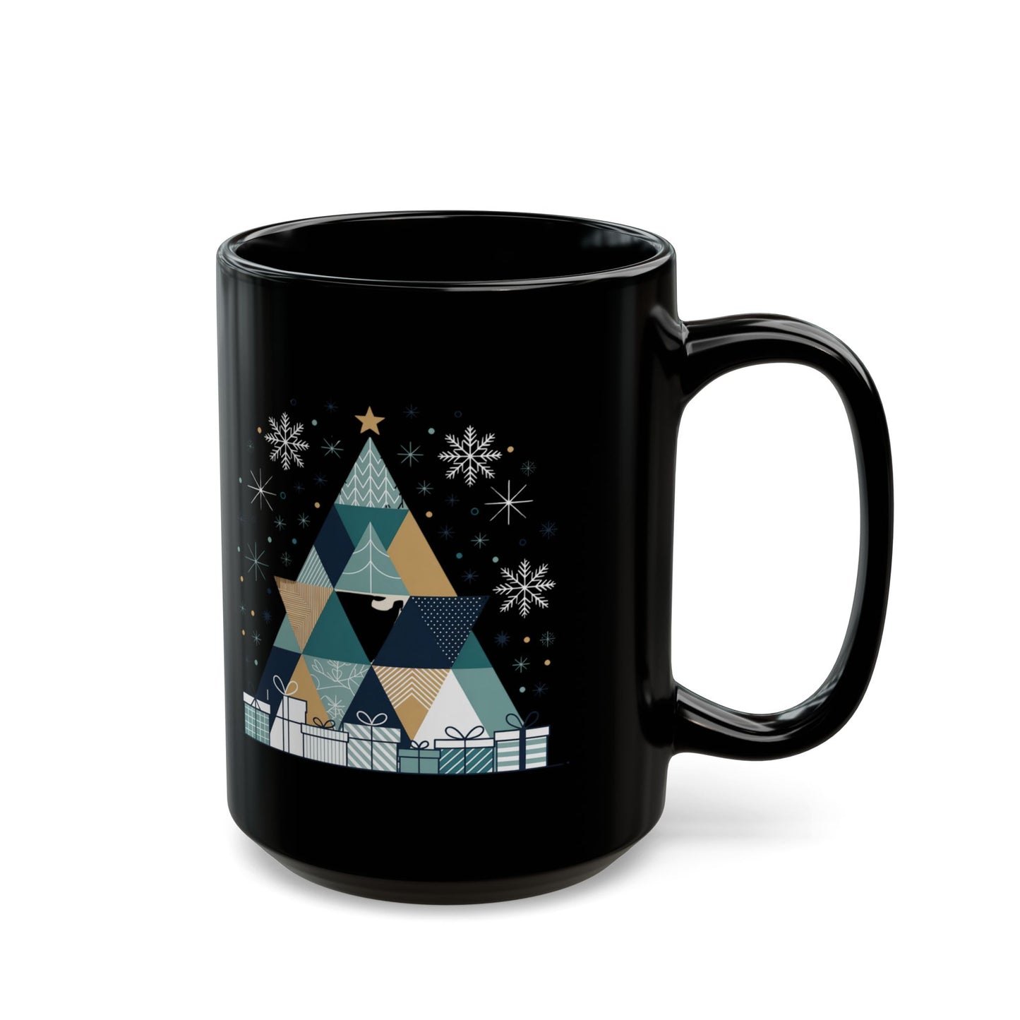 Geometric Holiday Tree Mug by Lair Gadgets – 15 oz Black Ceramic Coffee Cup with Modern Christmas Tree and Snowflake Design