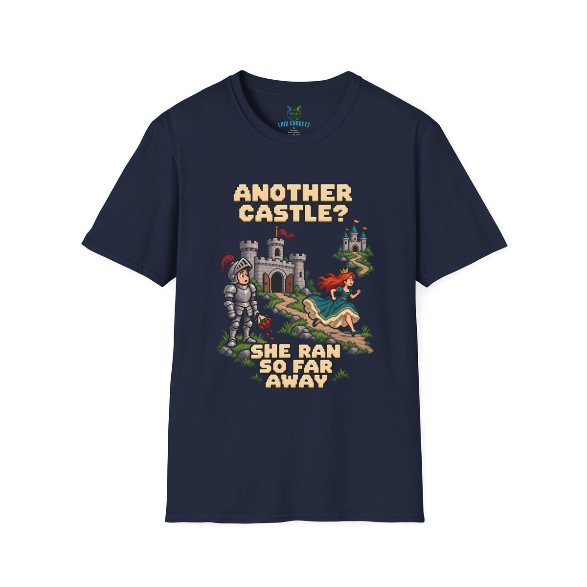 Navy t-shirt with Another Castle She Ran So Far Away pixel art knight graphic