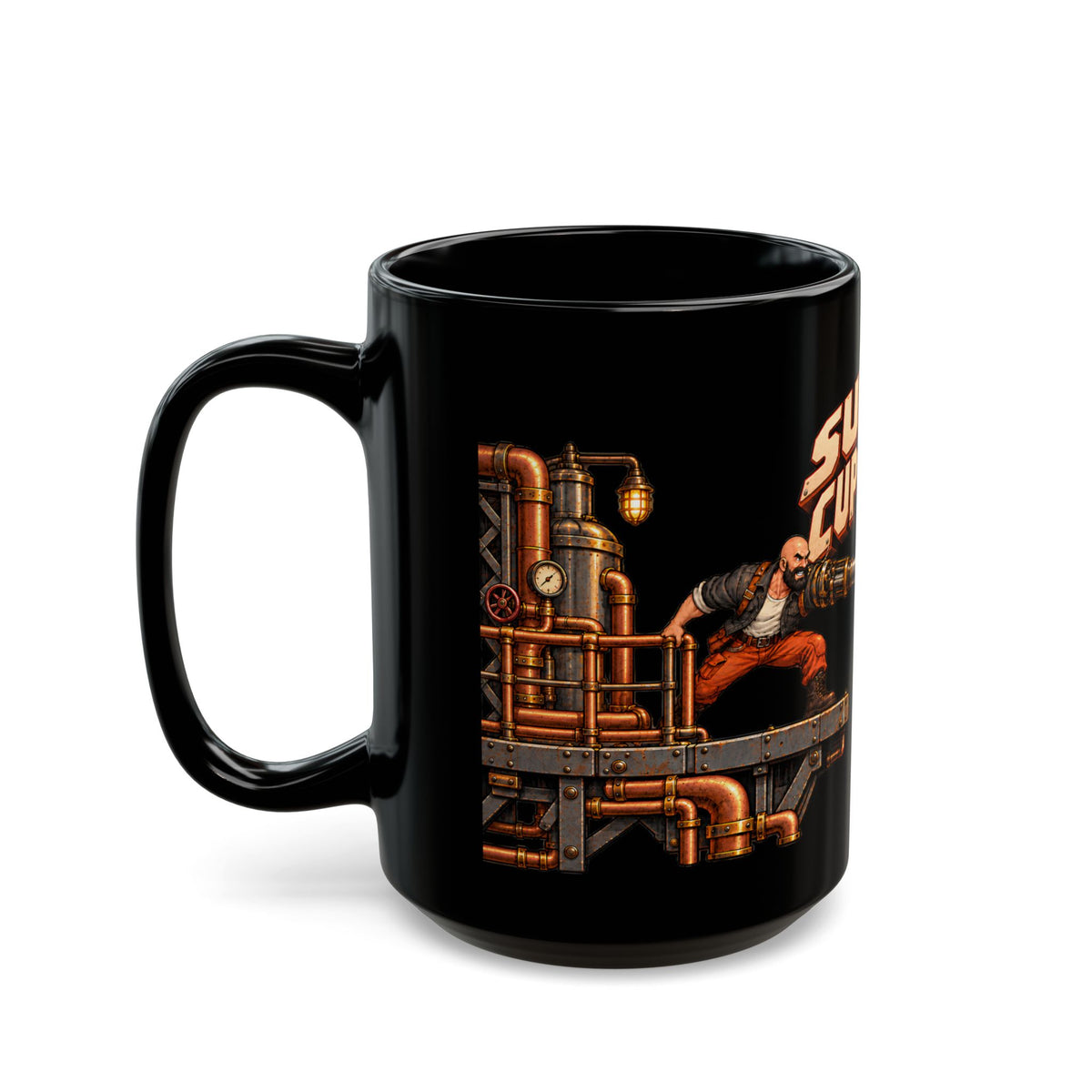 Super Cup of Joe mug other side showing the steaming coffee cup and industrial pipe artwork
