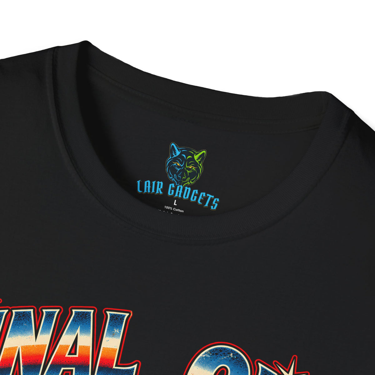 Black tee with a cartoon raccoon holding an axe in front of a burning cabin under the words Final Girl, Last One Standing (neck label view)