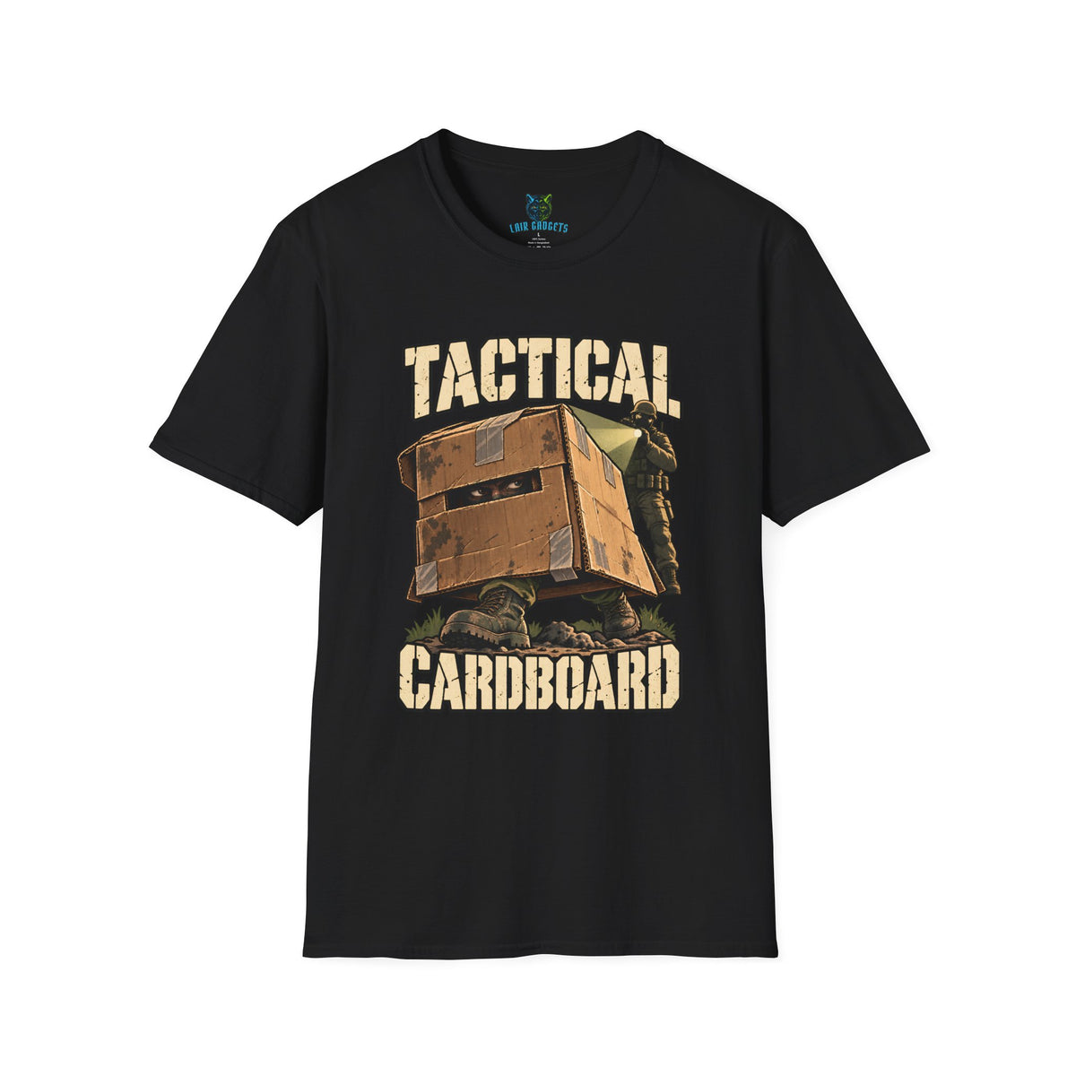 Black t-shirt with Tactical Cardboard soldier in a cardboard box graphic
