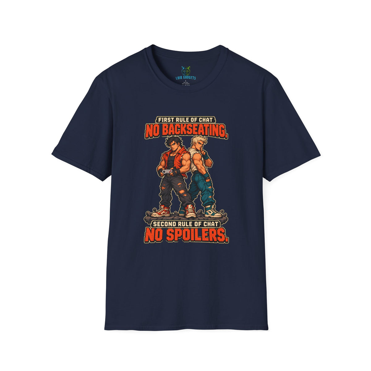 Navy t-shirt with First Rule of Chat No Backseating No Spoilers pixel art brawlers graphic