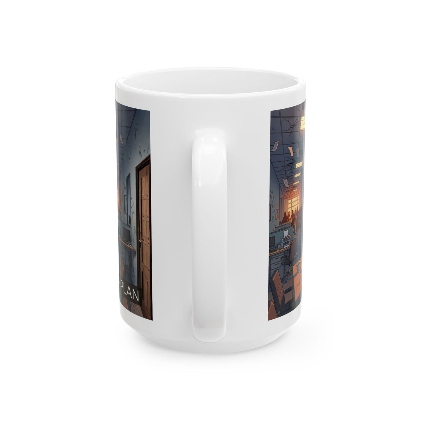 Office Inferno Ceramic Mug — Surreal Burned Filing Room Coffee Cup (15oz)