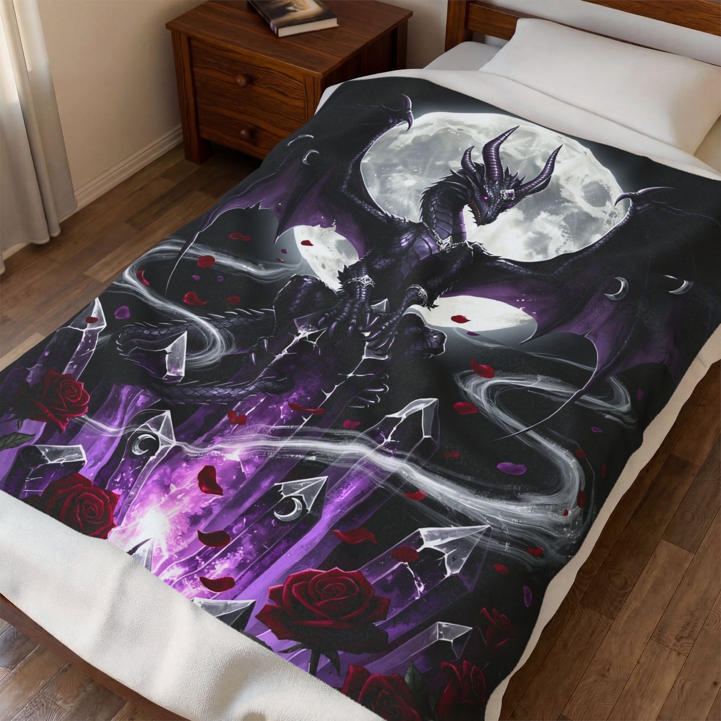 Dragon Throw Blanket  – Plush Gothic Fantasy Blanket for Couch Bed Sofa – Crystal Dragon Decor – Moonlit Obsidian by Lair Gadgets