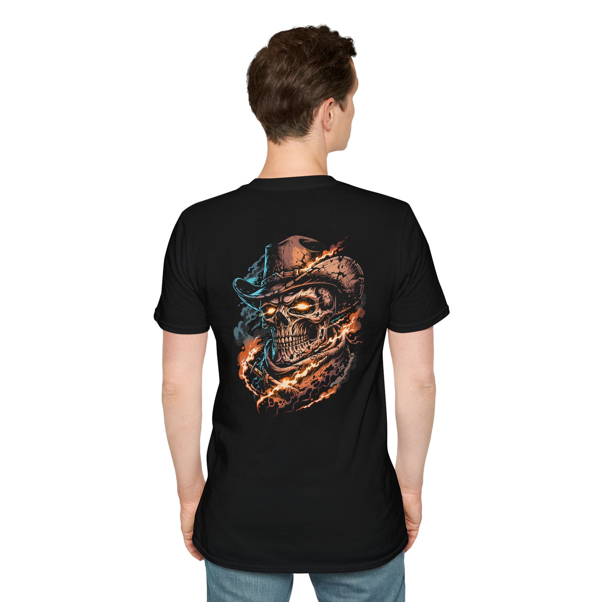 Cowboy Skull T-Shirt – Flaming Western Skull Back Print Graphic Tee