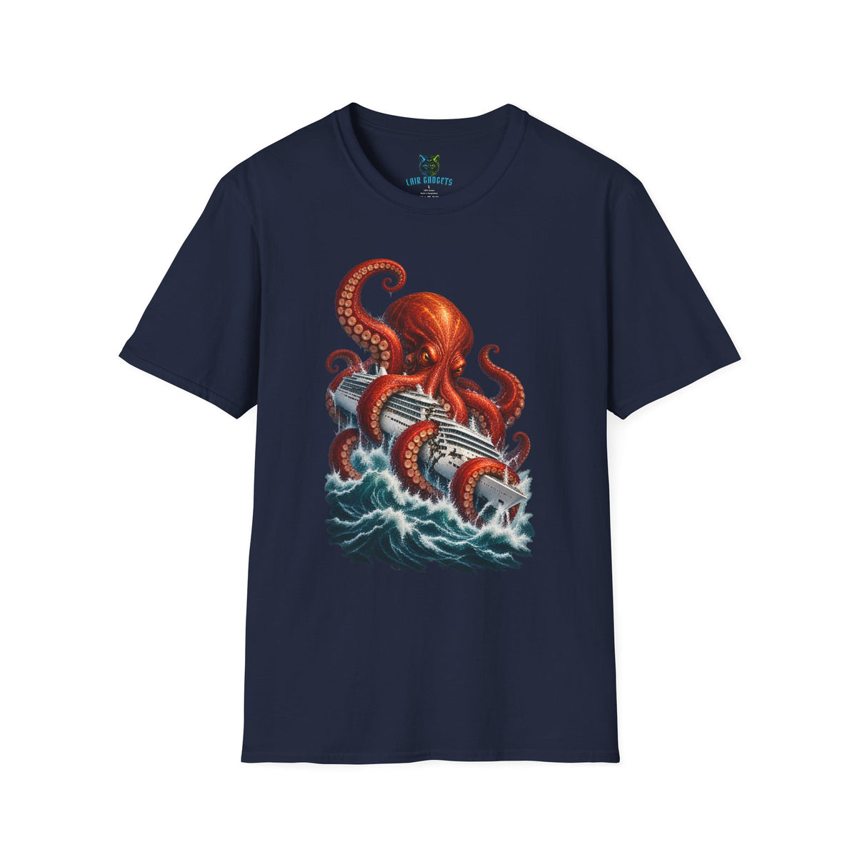 Navy t-shirt with giant octopus wrapping a cruise ship graphic