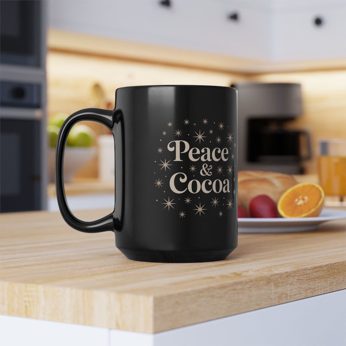 Peace & Cocoa Black Mug | Cozy Drinkware Gift for Hot Chocolate Lovers, Holiday Mugs, Warm Beverage Cups, Perfect for Winter Celebrations