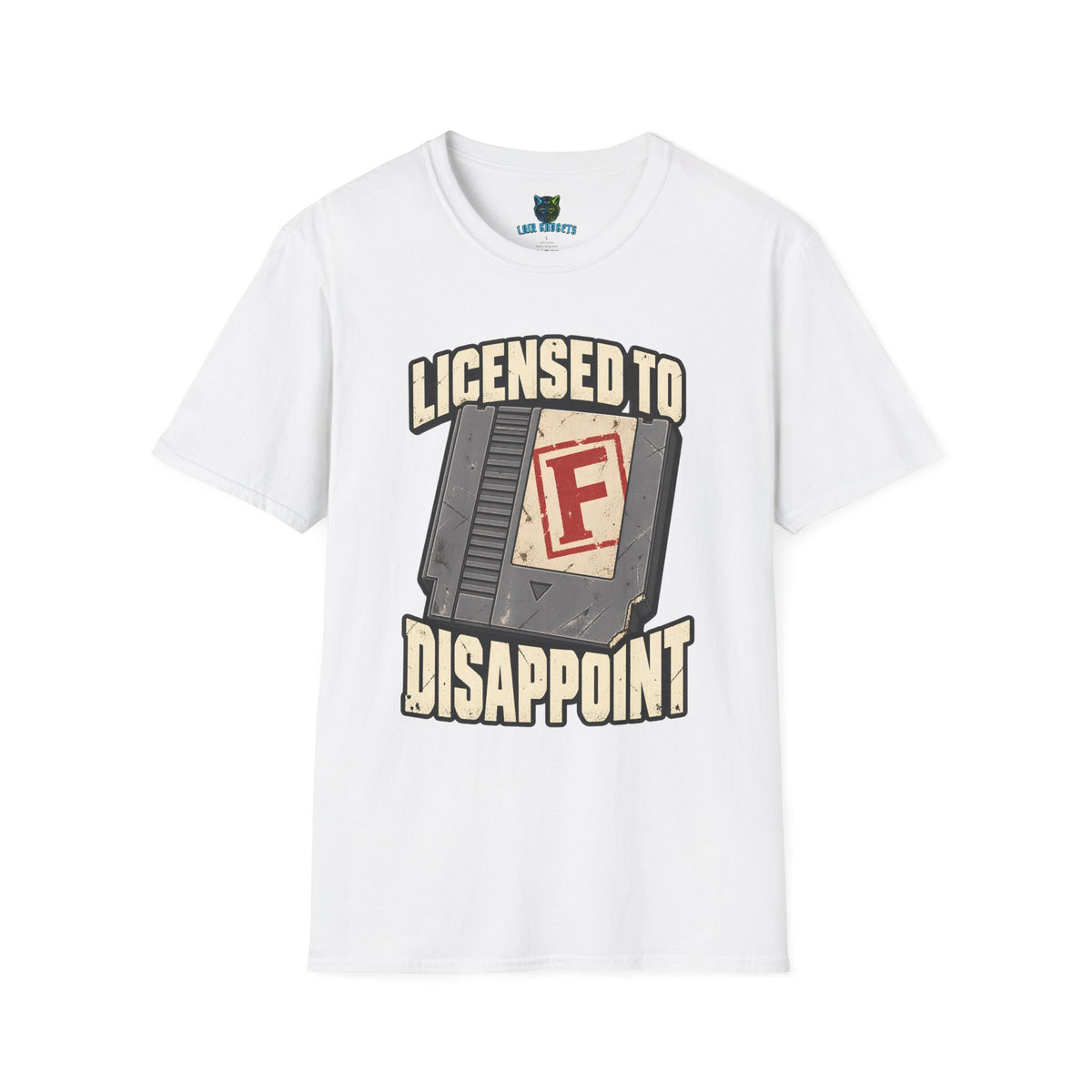 White t-shirt with Licensed to Disappoint retro game cartridge graphic
