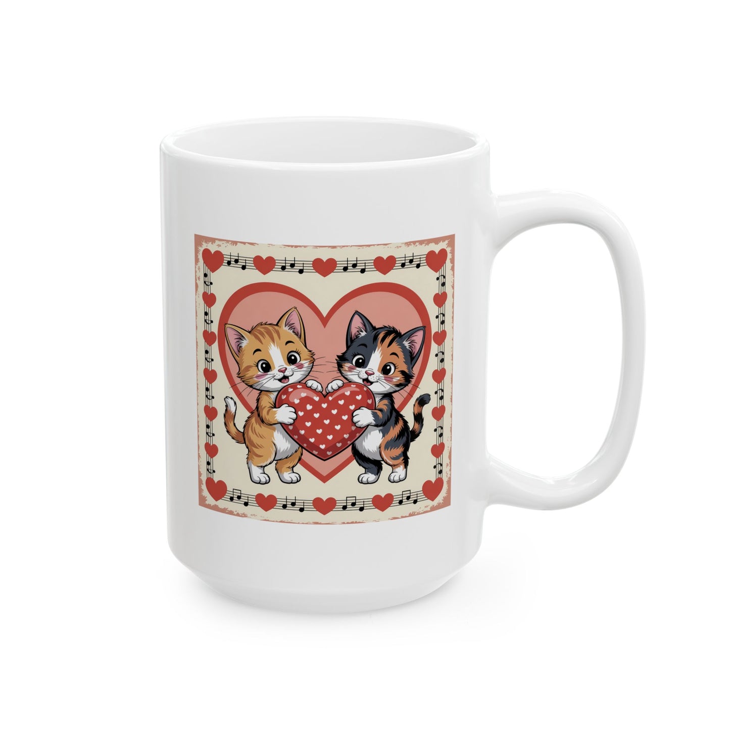 Valentine Coffee Mug with Cute Kittens Holding Heart Design, 15 oz White Ceramic Coffee Mug, Retro Cat Lover Gift Mug — Cute Kittens Holding Heart