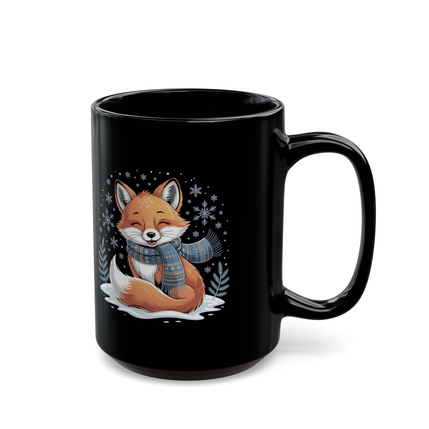 Frosted Whimsy Fox Mug by Lair Gadgets – 15 oz Black Ceramic Coffee Cup with Cozy Winter Fox and Snowflake Design