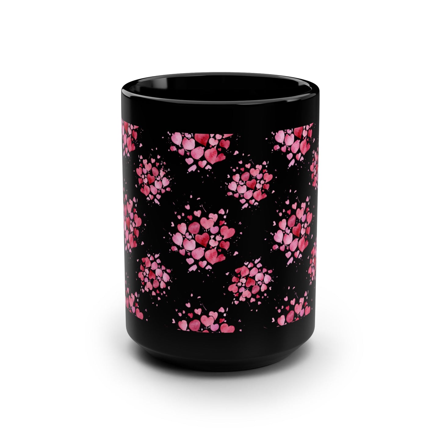 15oz Black Mug — Pink Heart Cluster Pattern -Score 85