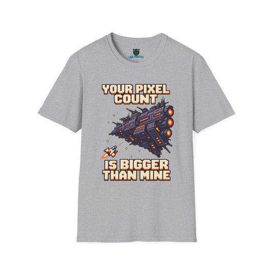 Sport grey t-shirt with Your Pixel Count Is Bigger Than Mine pixel art spaceship graphic