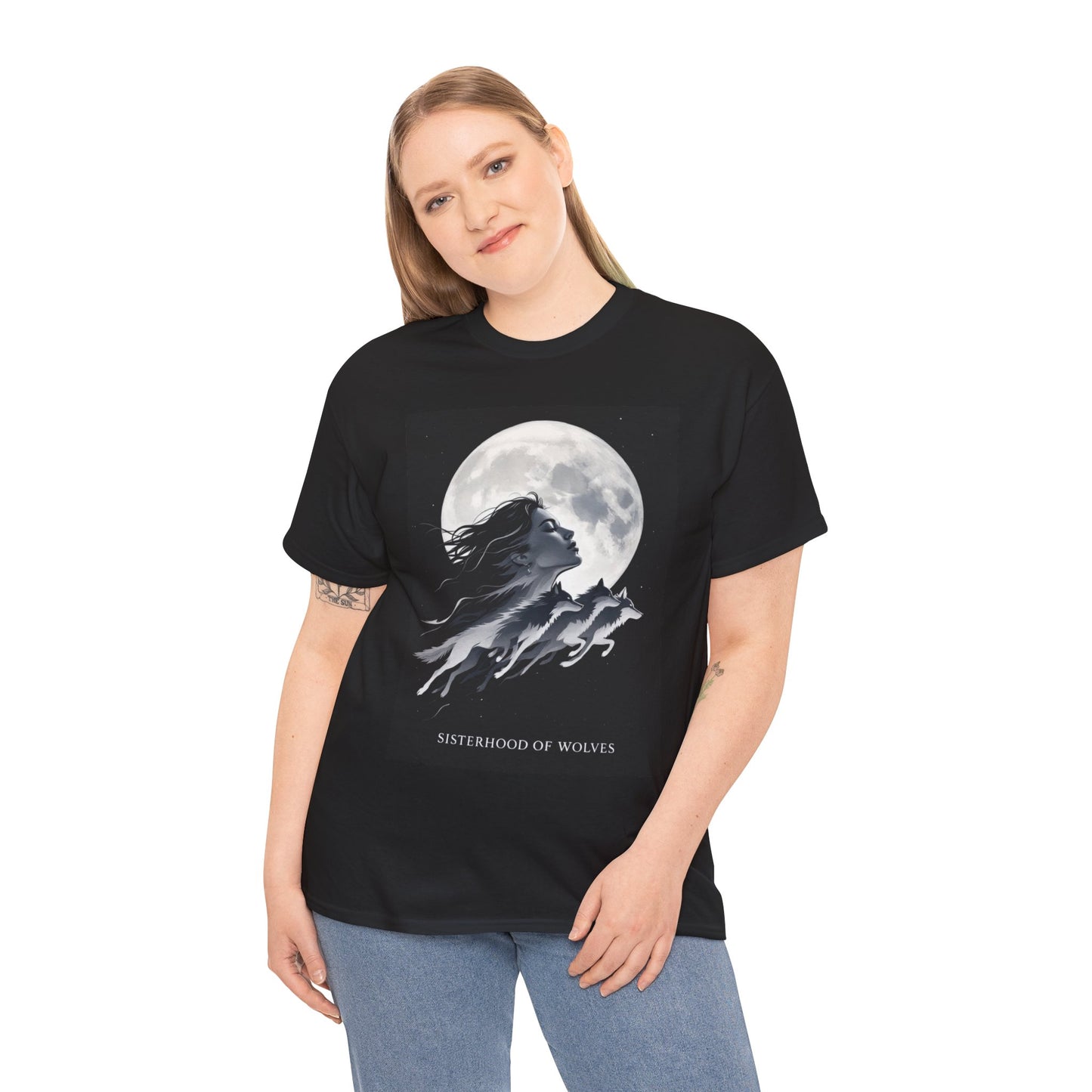 Sisterhood of Wolves Tee, Heavy Cotton T-shirt with Mystical Moon Design