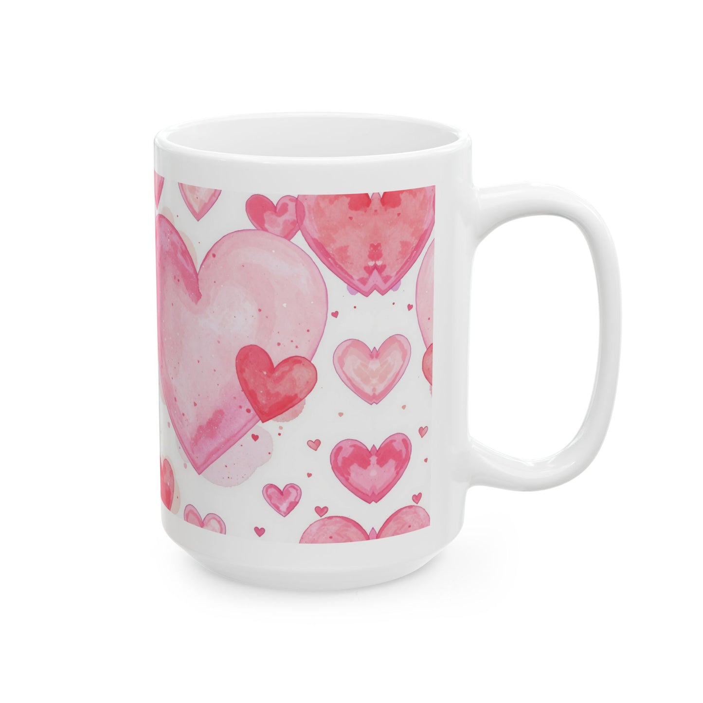 Pink Watercolor Hearts 15oz Ceramic Mug — Score 82