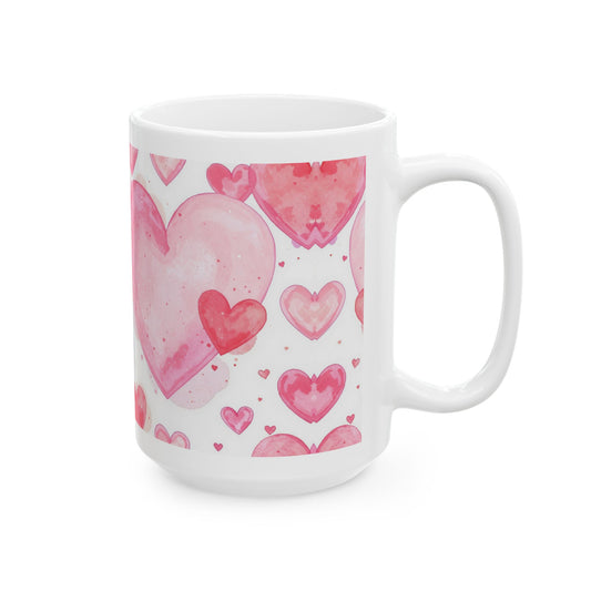 Pink Watercolor Hearts 15oz Ceramic Mug — Score 82