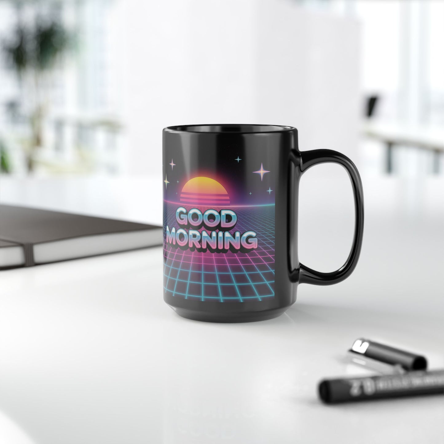 Retro Good Morning Mug - Black Coffee Cup, Gift for Coffee Lovers, 80s Aesthetic, Daily Motivation, Office Decor