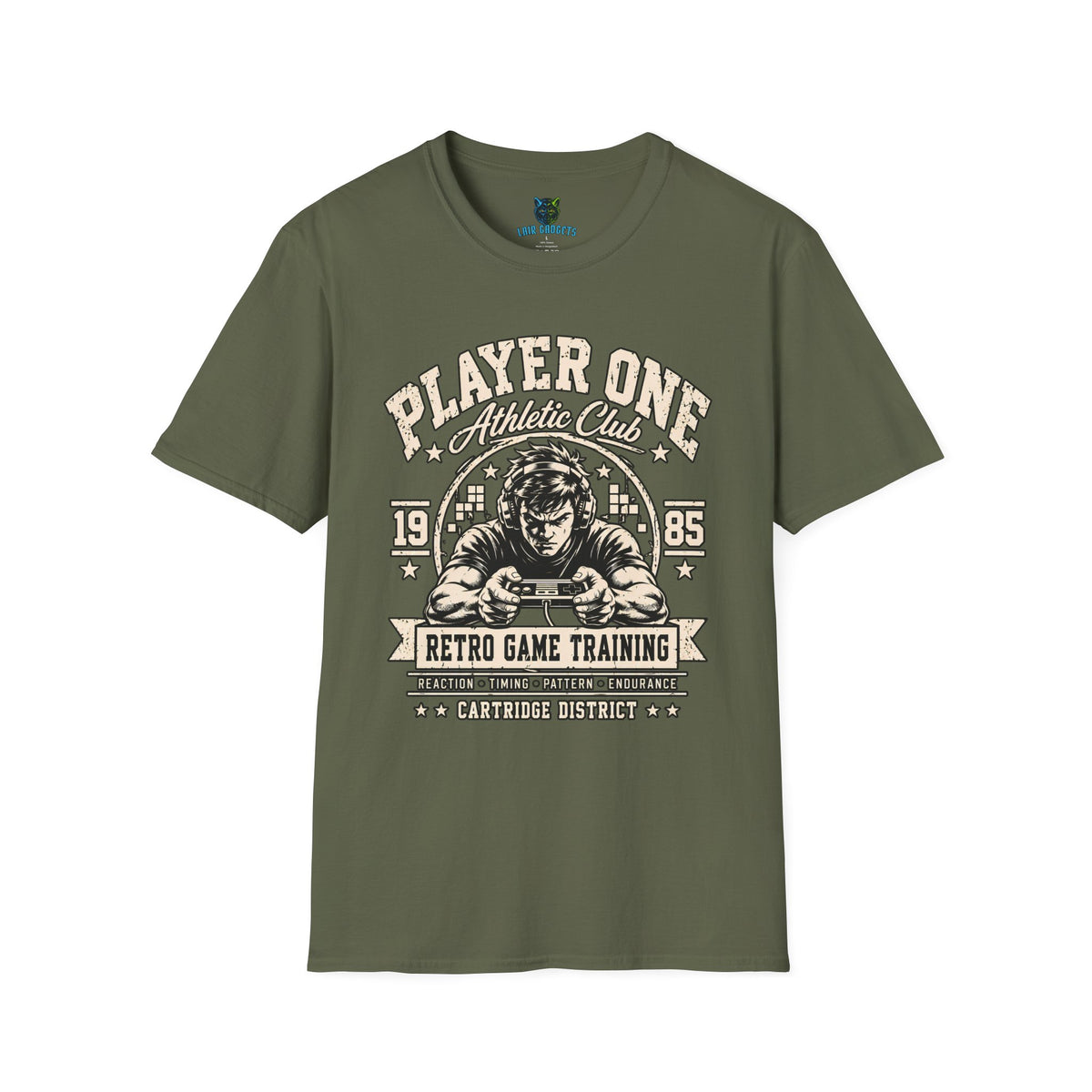 Retro gamer t-shirt in military green with vintage 80s varsity athletic club video game graphic, front view