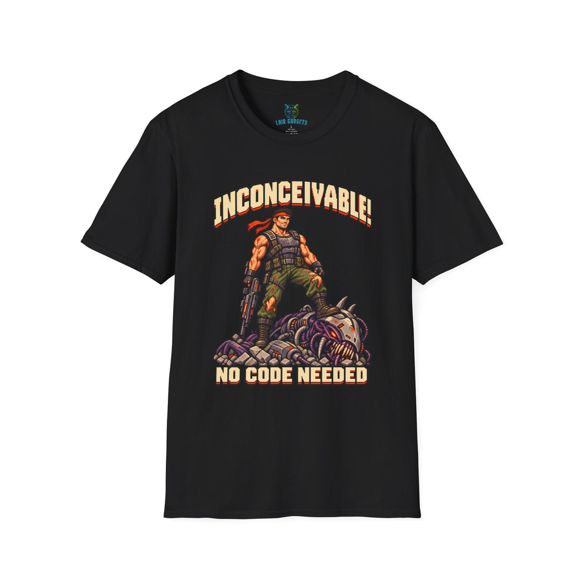 Black t-shirt with Inconceivable No Code Needed pixel art commando graphic